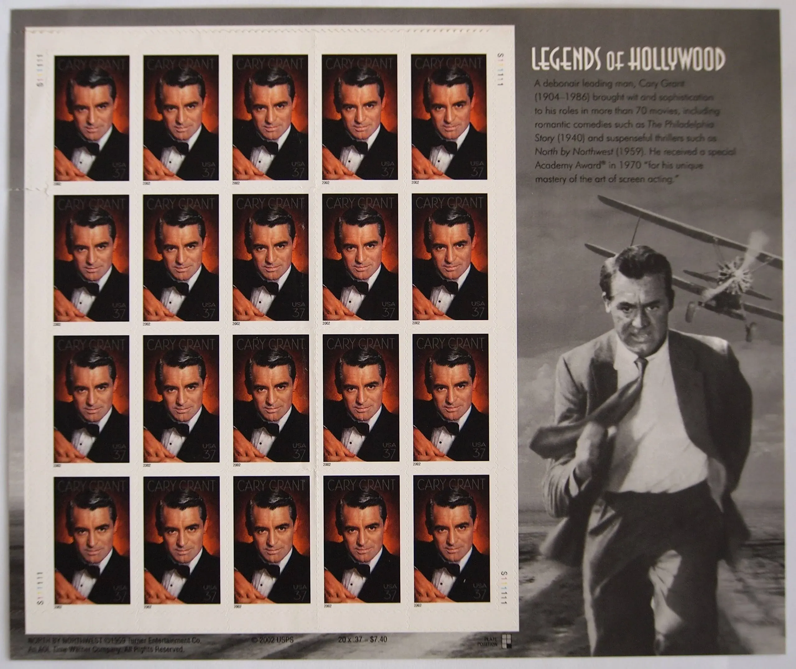 USPS Cary Grant Legends of Hollywood Sheet of Twenty 37 Cent Stamps Scott 3692