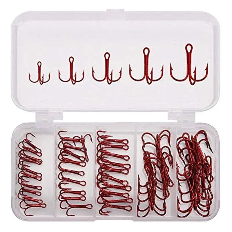 Alysontech 50pcs/box Red Treble Hooks, High Carbon Steel Fishing Hooks Kit, Sharp ...