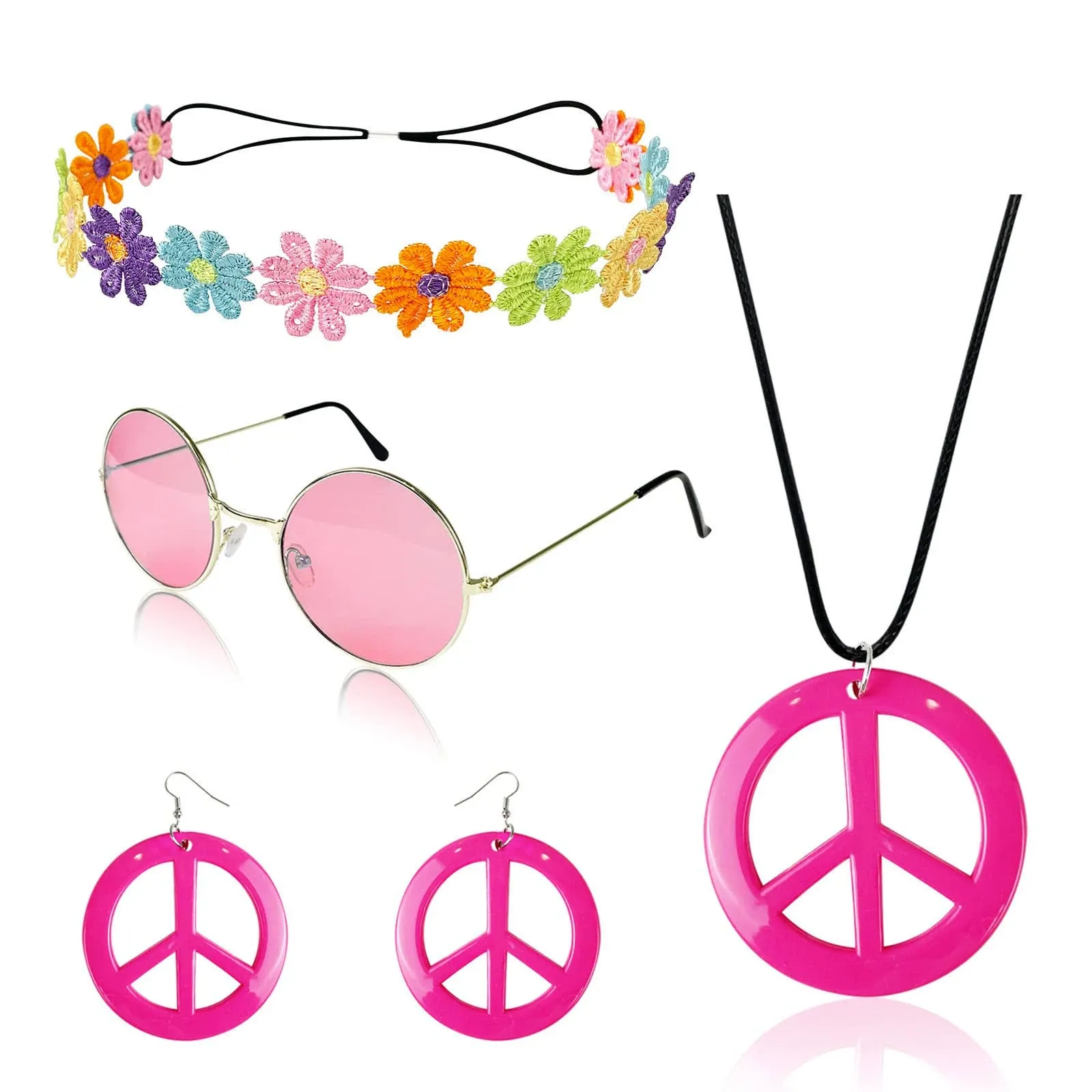 HyperFun Hippie Costume Set Includes Peace Sign Necklace and Earrings, Flower Crown Headband and Colored Hippie Sung (Pink)