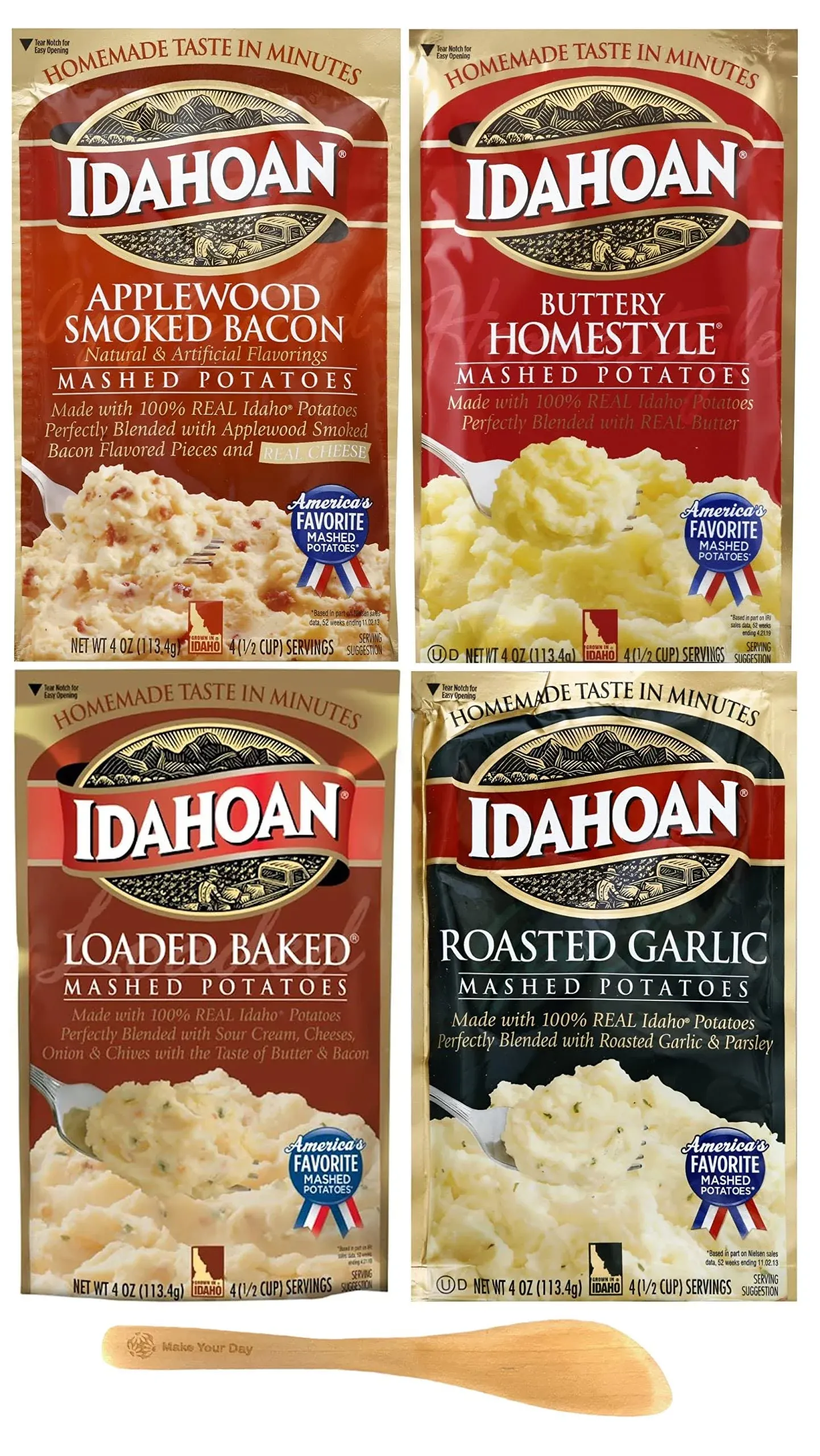 Idahoan Mashed Potatoes, Applewood Smoked Bacon, Buttery Homestyle, Loaded Baked, and Roasted Garlic, 4 ounce (Pack of 4) - with Make Your Day Mini Bamboo Spatula