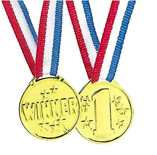 Podzly 50 Piece Goldtone Plastic Award Winner Medal Set - Ideal for Sports, Games, Competitions, Rewards, Talent Shows, Parties, Party Favors, or Decor - Stylish Gold Medals with Ribbons for Kids