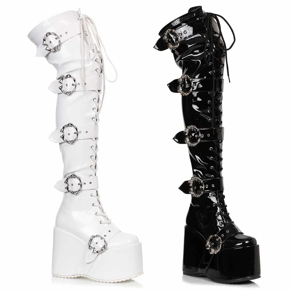 Kamora Skull Buckled Black Thigh High Platform Boot 