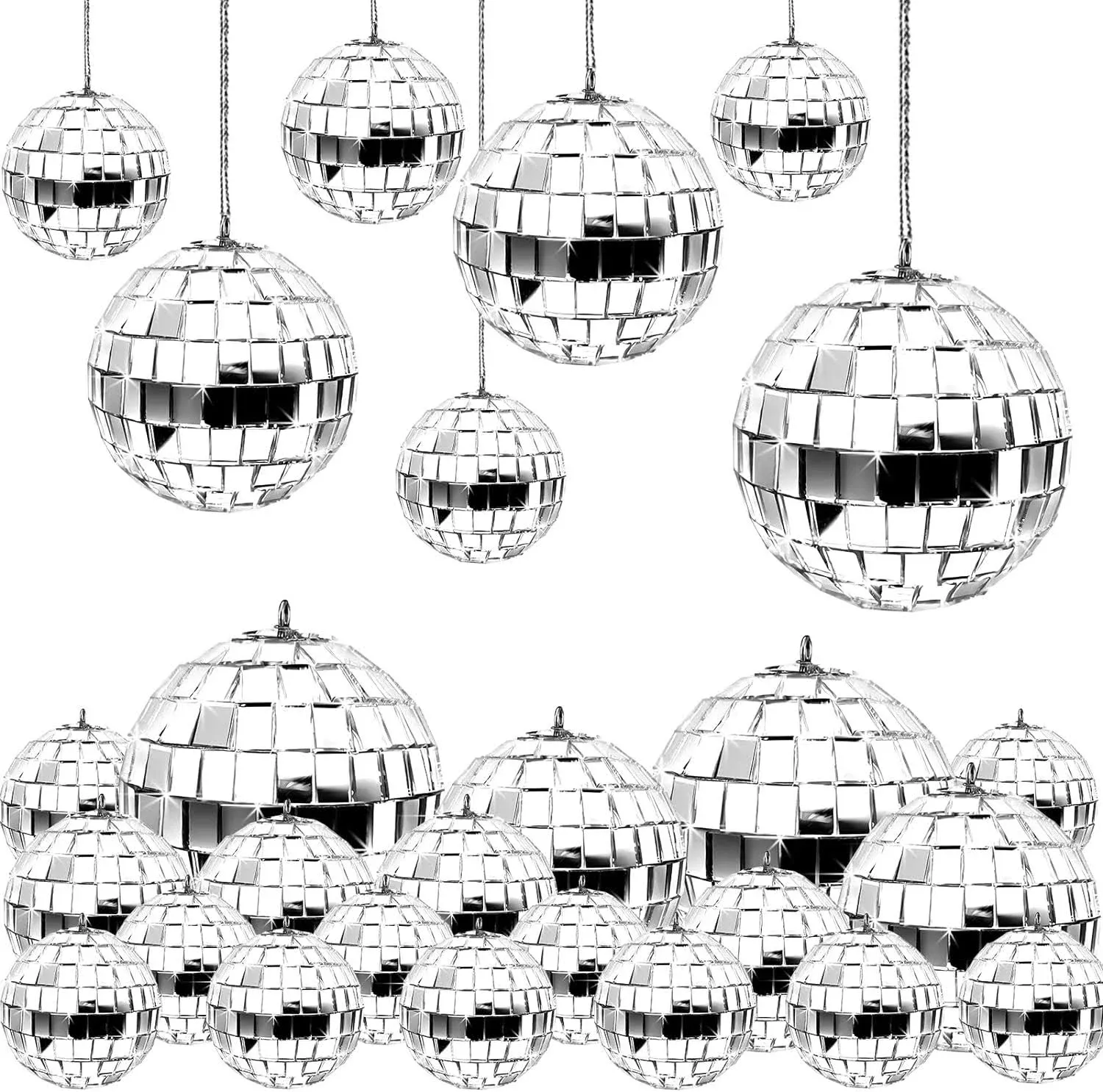 24 Pcs Mirror Disco Ball Hanging Silver Glass Disco Ball Decor  Disco Party D...