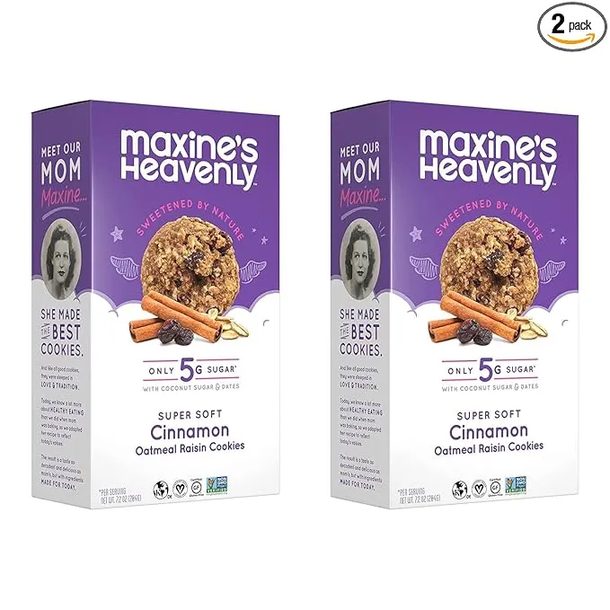 Maxine's Heavenly Cinnamon Oatmeal Raisin Cookies | Gluten Free, Made with Oats, Sweetened with Coconut Sugar & Dates | Tasty Low Sugar Vegan Dessert | 7.2 Ounces Each (2 pack) 