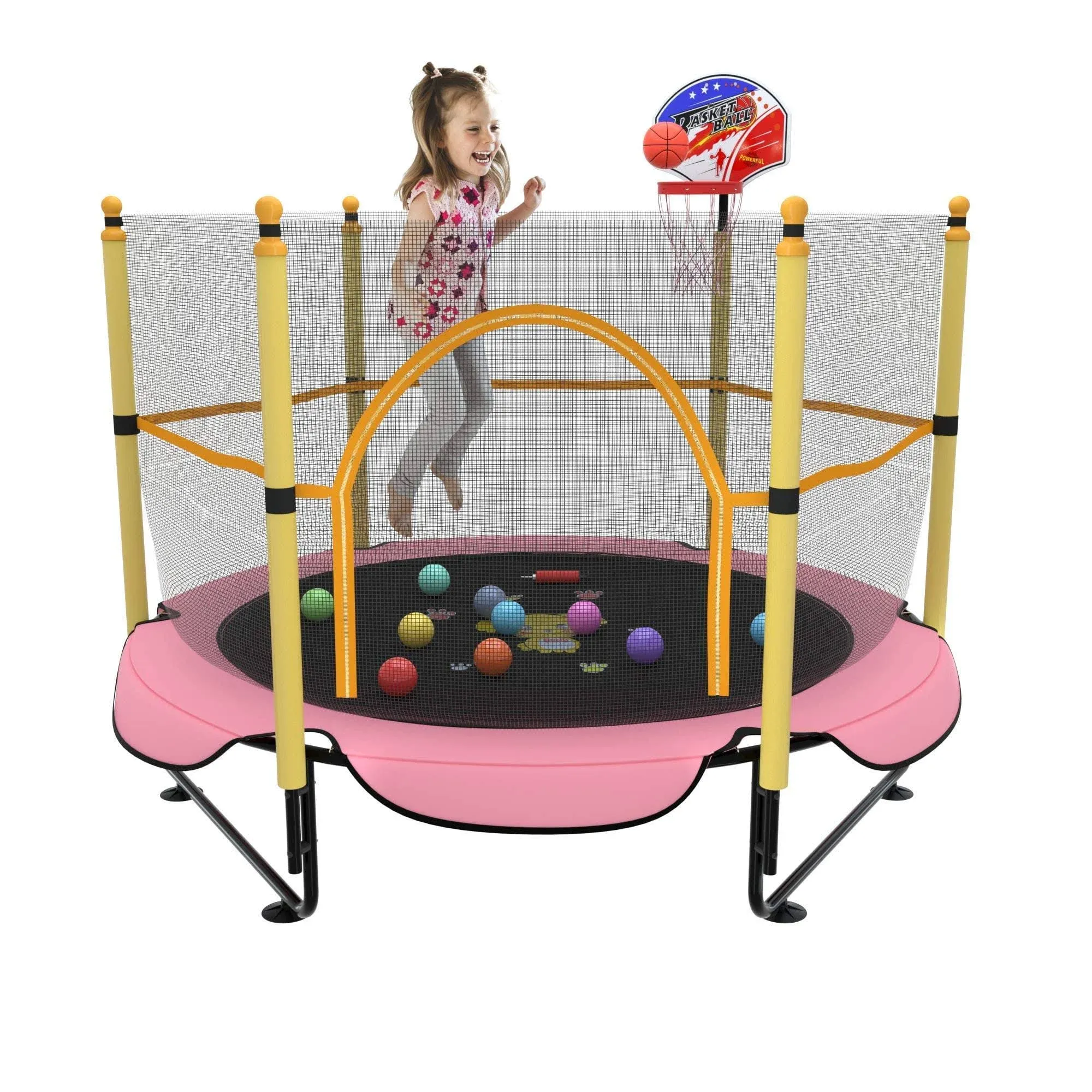 5FT Trampoline for Kids Toddler Indoor Trampoline with Safety Enclosure Net, Mini Basketball Hoop, Jumping Mat for Home Entertainment Equipment Outdoor Backyard Games