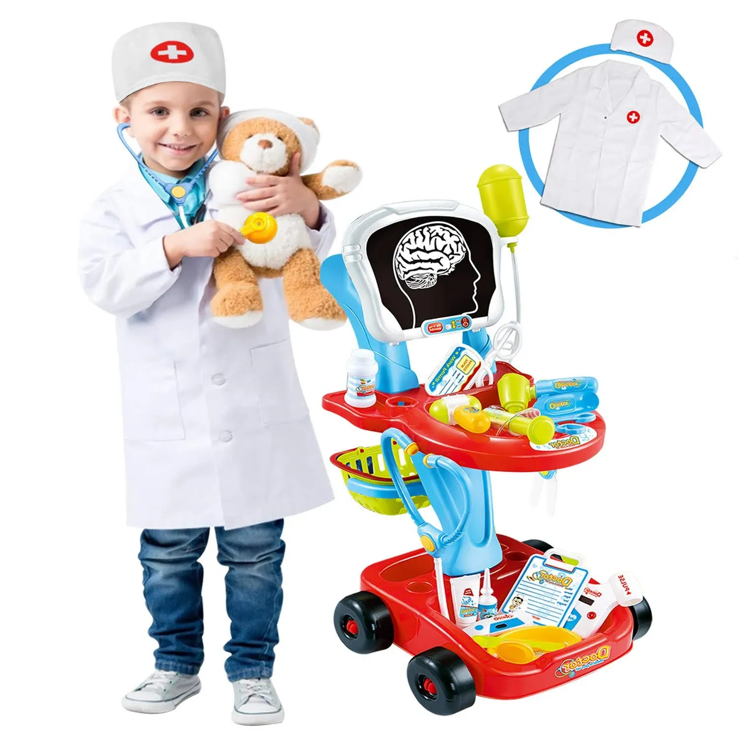 TSOMTTO Toy Medical Cart Kit Toys For Kids Boys Girls 3+ Stethoscope Doctor Coat