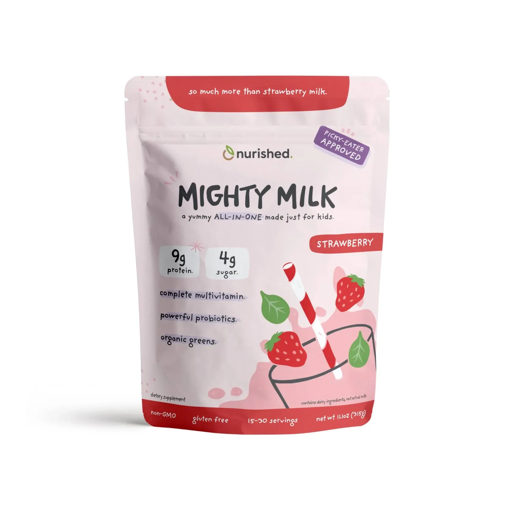 Nurished Mighty Strawberry Milk Kids All in One Daily Protein Powder & Multivitamin Boosted with 2 Billion Probiotics