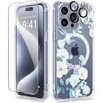 GVIEWIN Magnetic for iPhone 15 Pro Max Case with Screen Protector + Camera Protector, [Compatible with MagSafe] [10FT Drop Protection] Clear Floral Phone Cover Women for 15 ProMax (Cherry Blossoms)