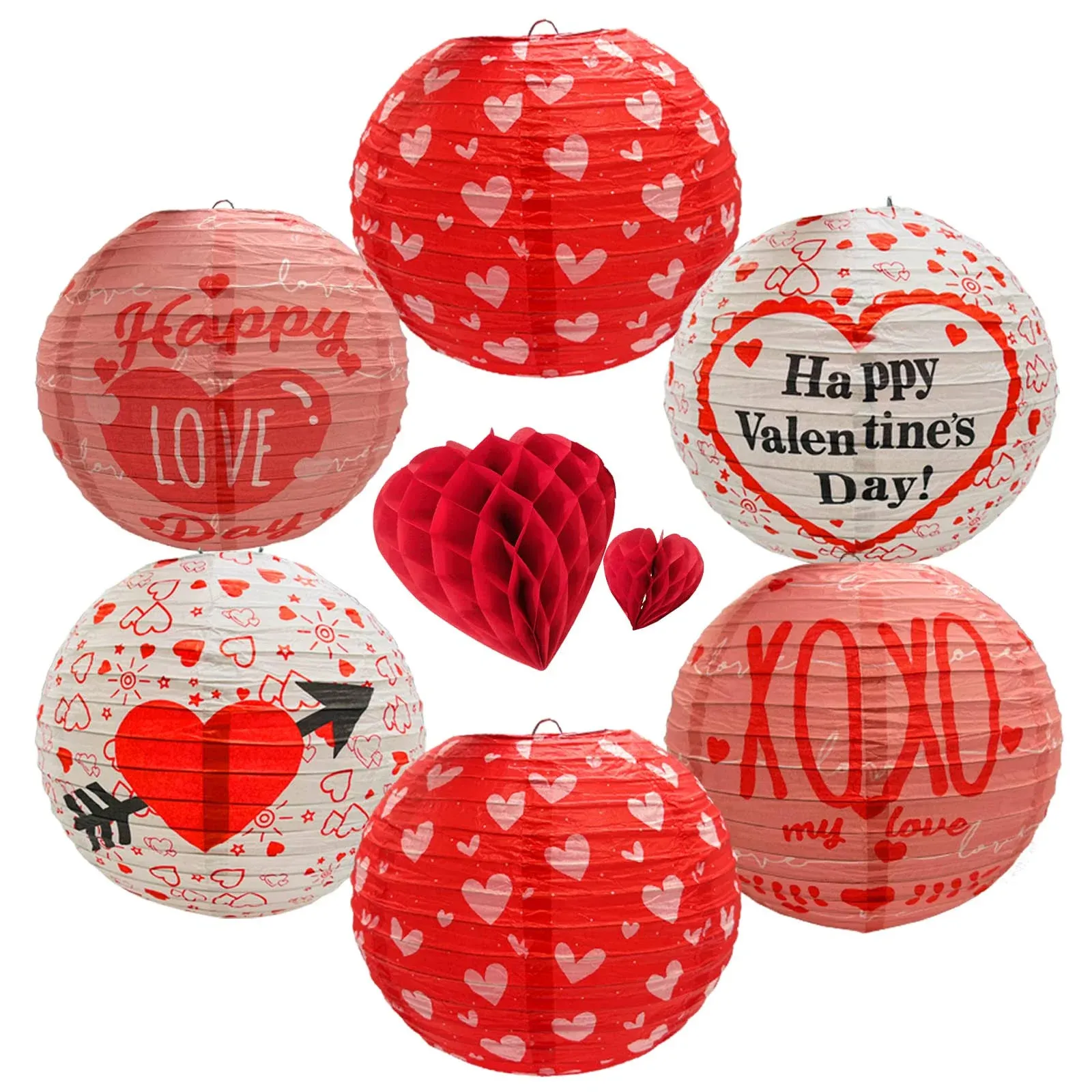 6 Pieces Valentines Day Paper Lanterns with 3 Styles Love Heart Shaped Honeycomb Balls Valentines Day Decorations Hanging Lanterns Valentines Day Hanging Decorations for Valentines Day Decor