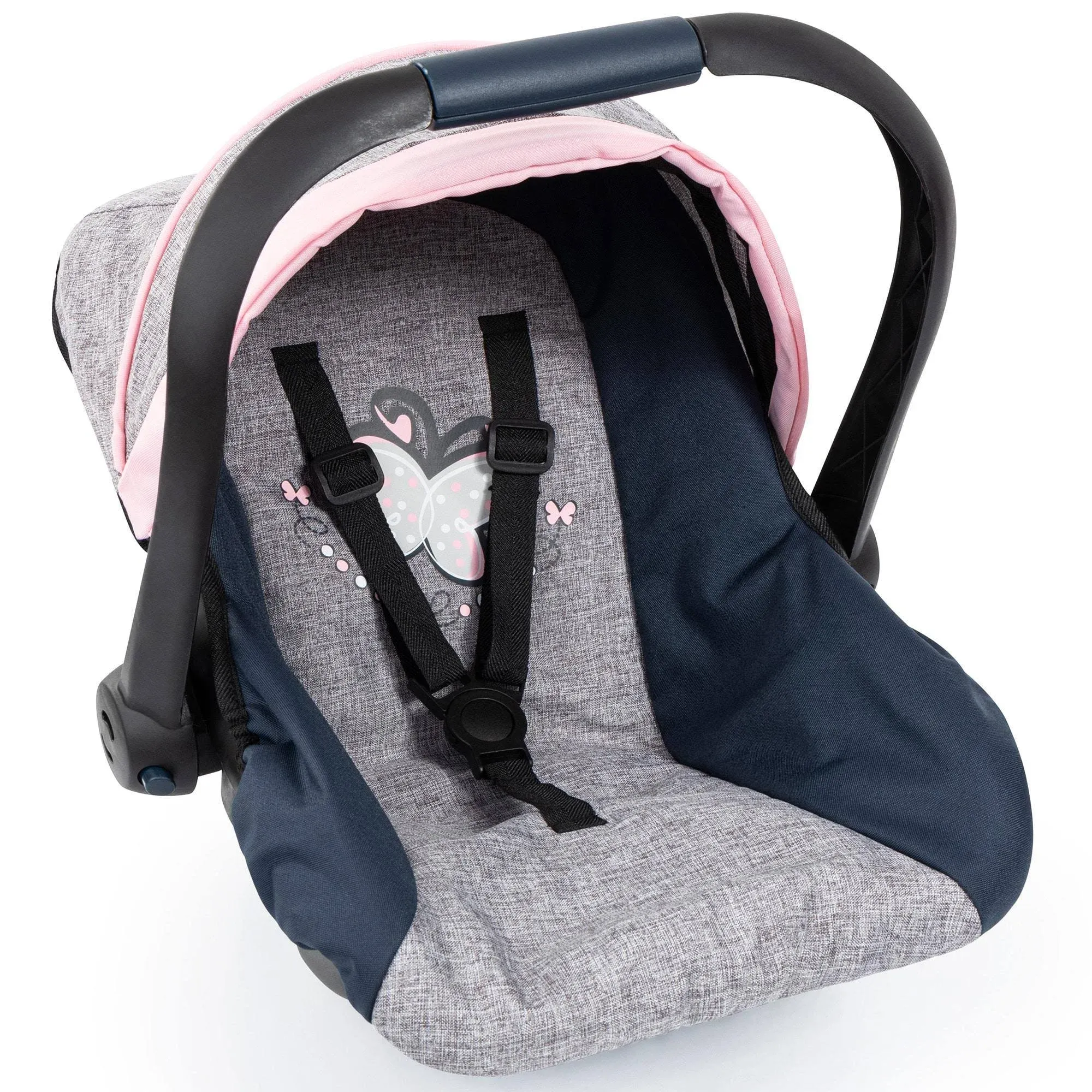 Bayer Design Doll Car Seat with Sunshade - Grey, Blue, Pink Butterfly