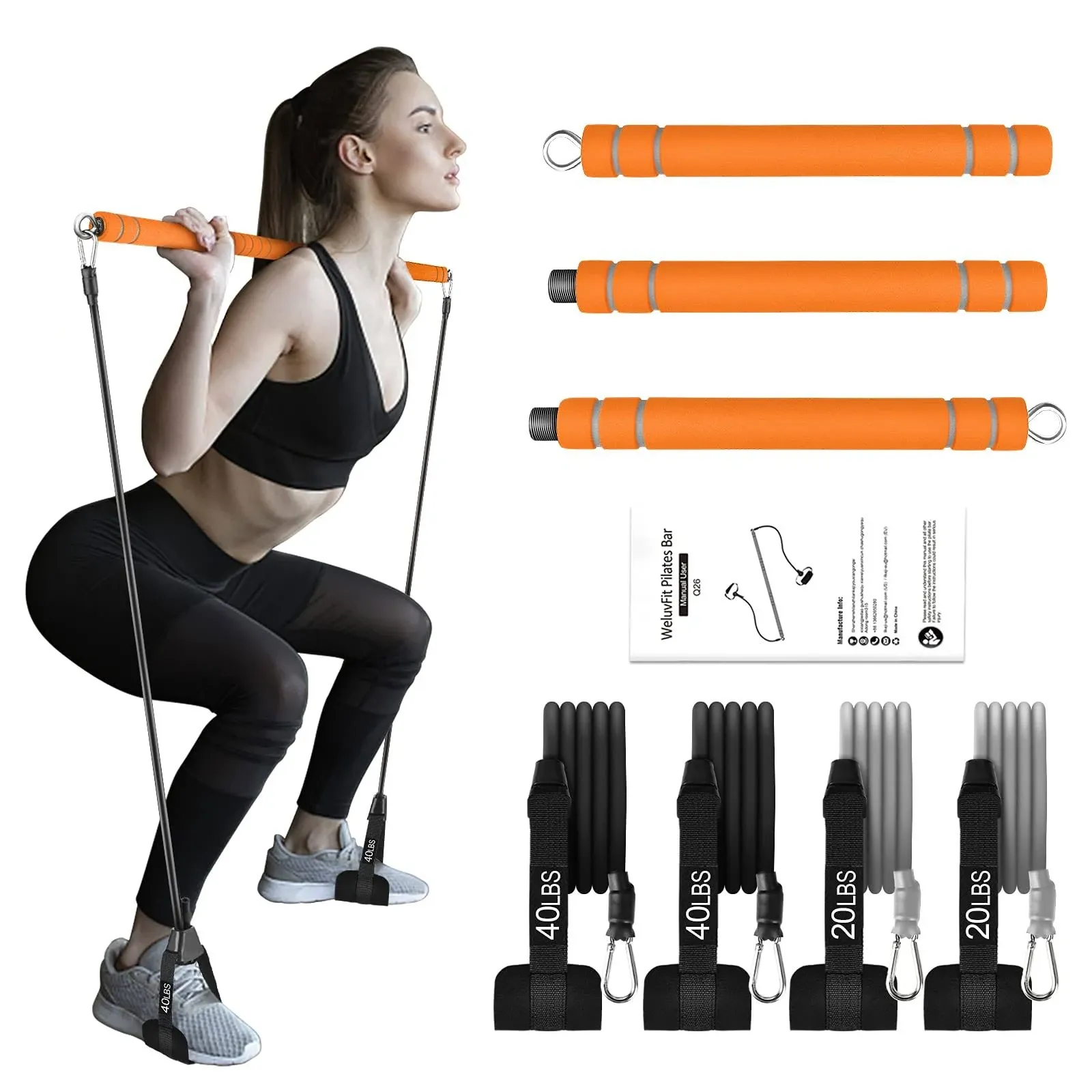 Pilates Bar Kit with Resistance Bands WeluvFit Exercise Fitness Equipment for Women & Men