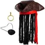 Tigerdoe Pirate Hat with Dreadlocks - Tricorn Pirate Hat - Caribbean Pirate Hat - Pirate Costume Accessories (3 Pc Set), Brown