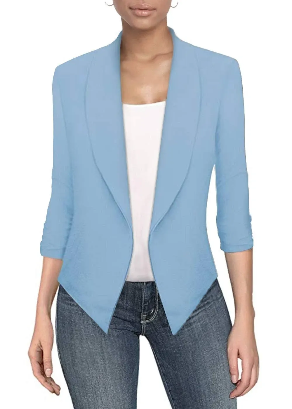 Hybrid & Company Women's Casual Work Office Blazer Jacket Open Front Shawl with 3/4 Scrunch Sleeves