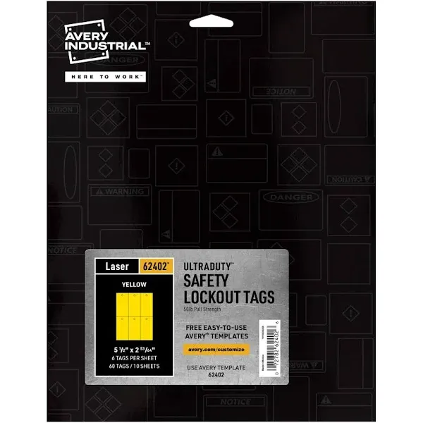 Avery UltraDuty Printable Plastic Hang Tags, 5.5" x 2.83", Yellow Blank Tags, 50lb Pull-Strength, 60ct (62402)