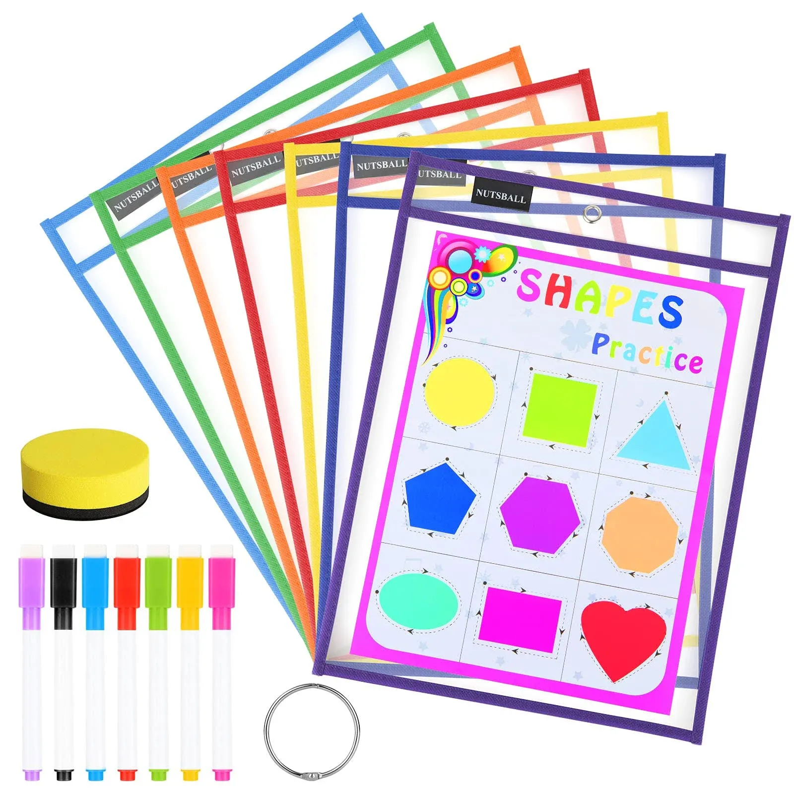 Nutsball Dry Erase Pockets Reusable Sleeves 7 Pack - Heavy Duty Oversized 10" x 14" Clear Plastic Sheet Protectors - Job Ticket Holders Assorted Colors - Teacher Supplies for Classroom