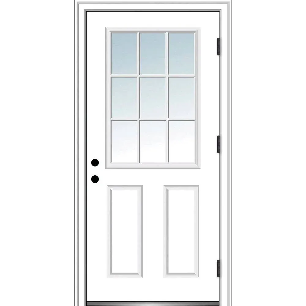 MMI DOOR 32-in x 80-in x 4-9/16-in Fiberglass Half Lite Left-Hand Outswing Primed Prehung Front Door with Brickmould Insulating Core with Grilles