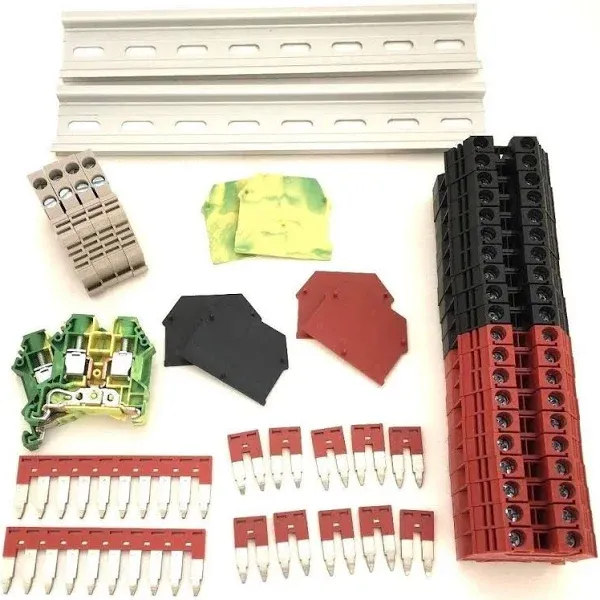 Red/Black DIN Rail Terminal Block Kit Dinkle 20 DK6N 8 AWG Gauge 50A 600V Ground ...