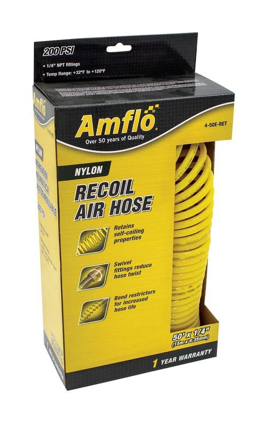 Amflo RECOIL AIR HOSE 50' x 1/4" Yellow Nylon 200 psi Stores Itself 450E-RET NEW