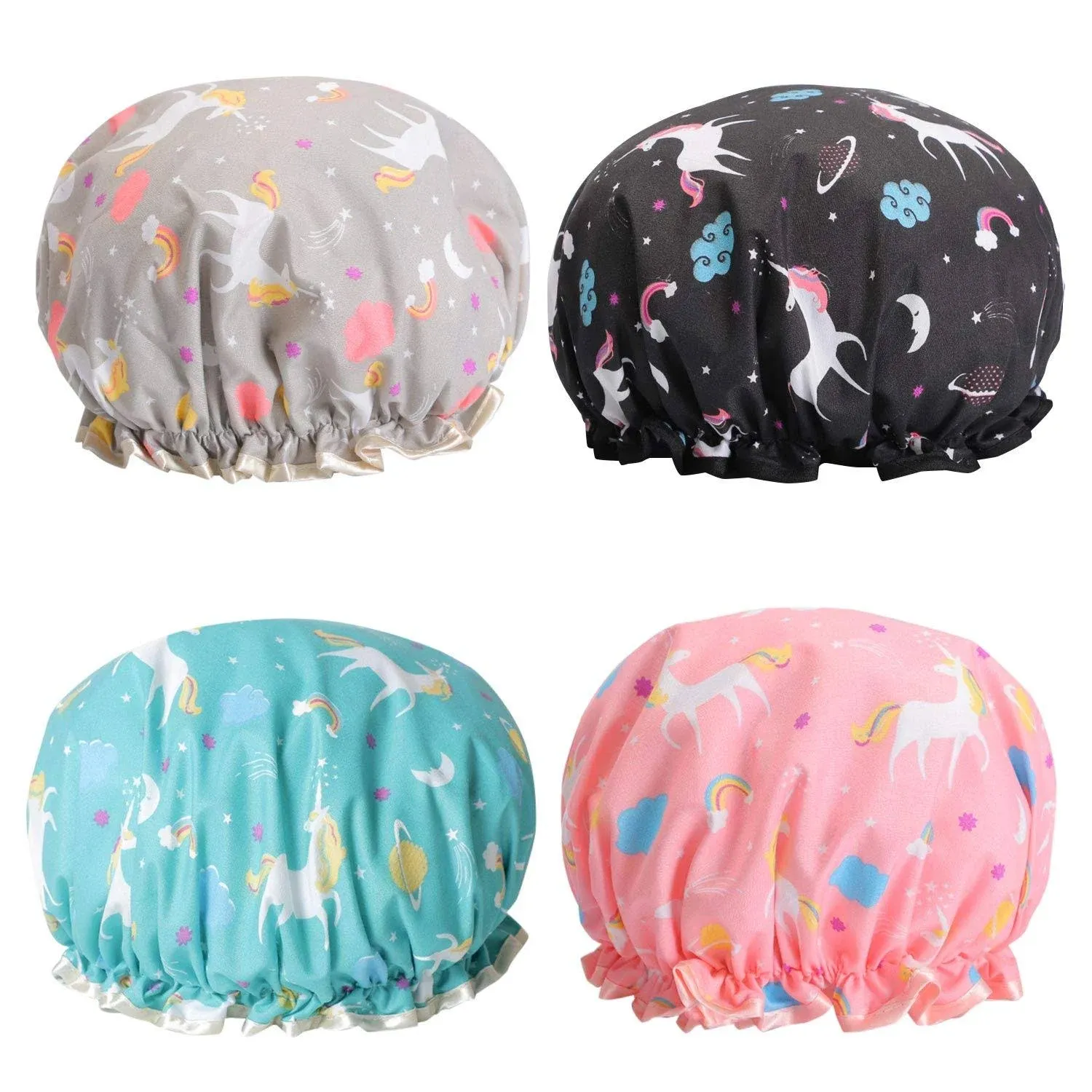 Unicorn Shower Caps, Double Layers Bath Hat for Women Girls to Cover Long and Thick Hair, Reusable Waterproof Bonnet 4 Pack