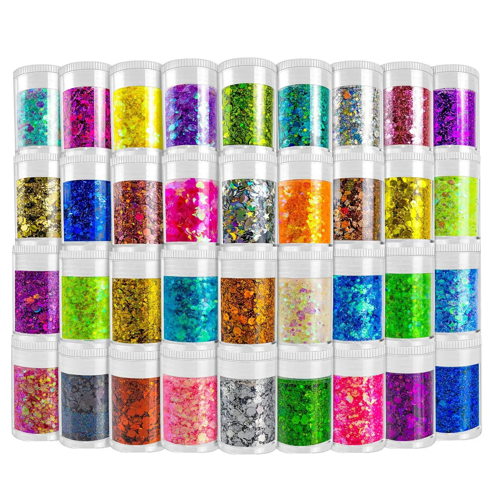 Holographic Chunky and Fine Glitter Mix, 36 Colors Chunky Sequins & Glitter Powder Mix, Iridescent Cosmetic Glitter Flakes for Nail Art Face Body Eye Makeup, Craft Glitter for Epoxy Resin Tumblers