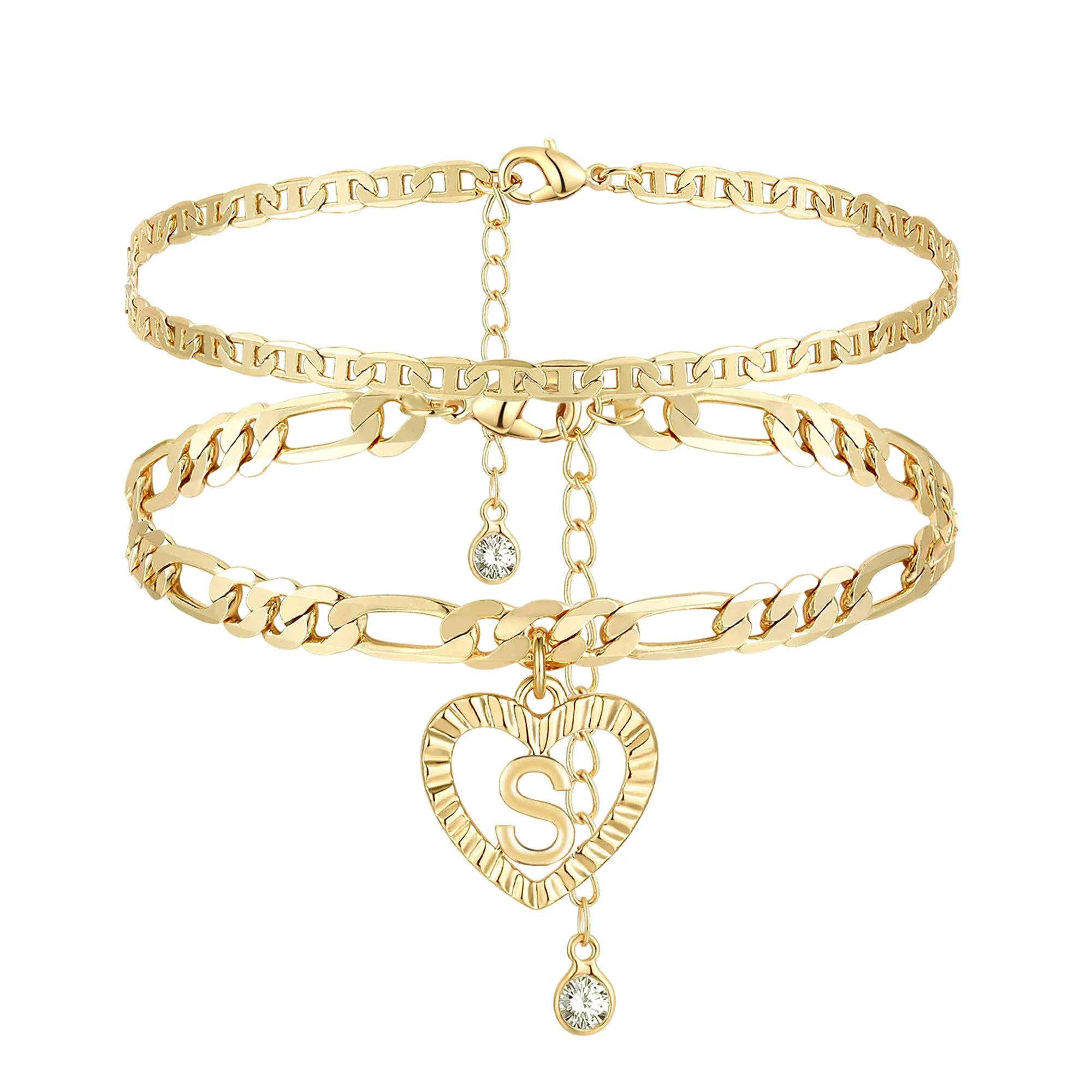 Initial Ankle Bracelets - Gold Plated Layered Chain