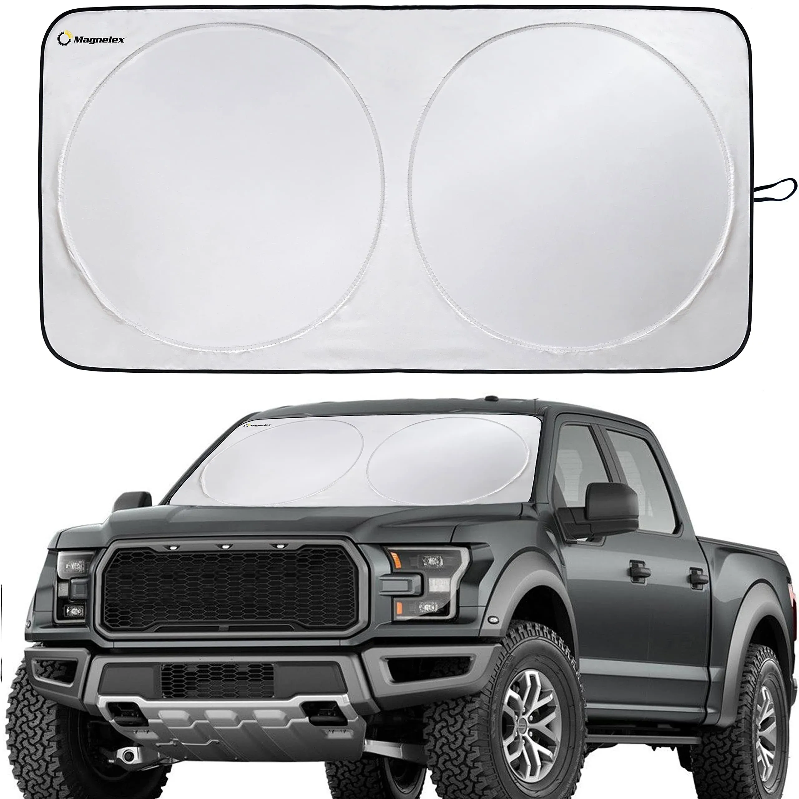 Magnelex Windshield Sun Shade for SUVs, Trucks and Vans with Bonus Steering Wheel Sun Shade. Reflective Fabric Blocks Sun. Foldable Sun Shield Keeps Your Vehicle Cool. (X-Large 65.7 x 36.4 in)