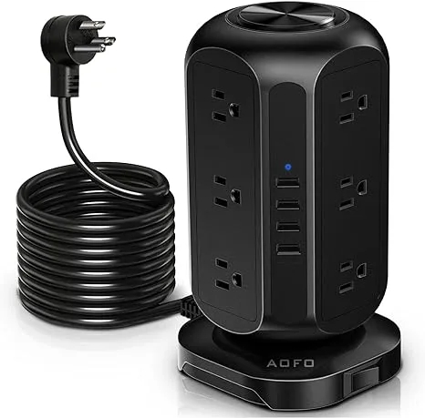 Long Extension Cord 15 ft Power Strip Tower, Surge Protector 12 AC Outlets 4 USB(1 USB C) Ports, Charging Tower Overload Protection with Multiple Outlets for Home Office