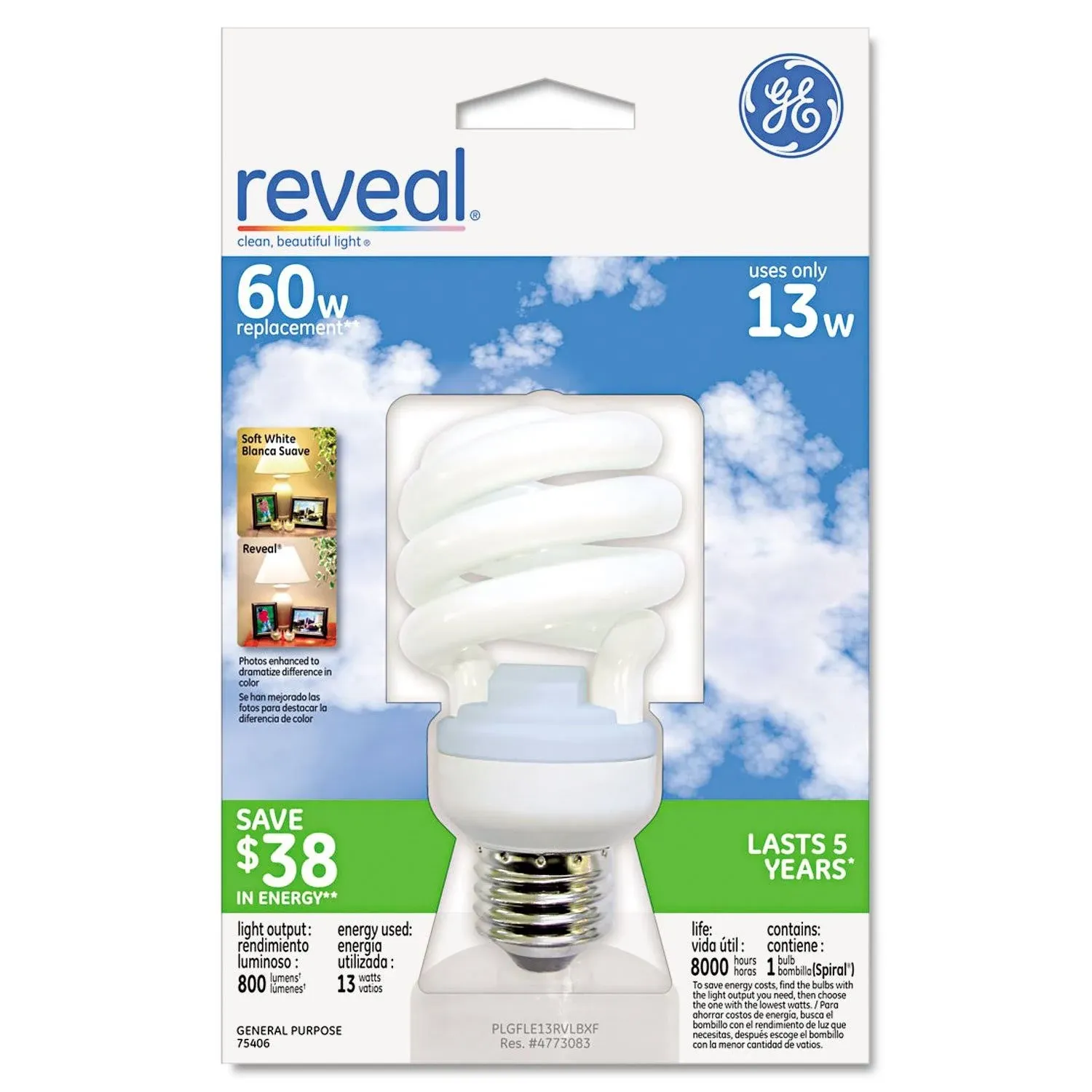 GE Lighting 75406 Reveal Spiral CFL 13-Watt (60-watt replacement) 800-Lumen T3