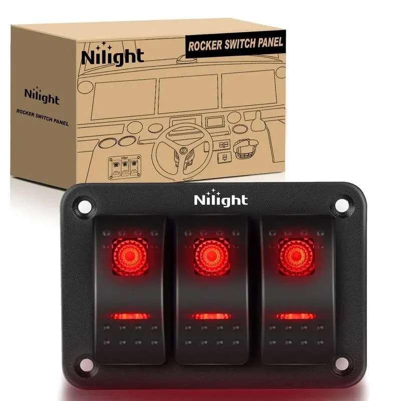 Nilight - 90019C 3 Gang Aluminum Rocker Switch Panel Toggle Dash 5 Pin ON/Off Pre-Wired Rocker Switch Red Backlit Switch for Automotive Car Marine Boat RV,2 Years Warranty