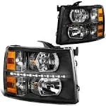 DNA MOTORING Pair LED DRL Headlights Compatible with 07-13 Chevy Silverado 1500 07-14 Silverado 2500 3500 HD, Black/Amber, HL-LED-CSIL07-BK-AM