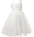 PLUVIOPHILY Ivory Lace Tulle Backless Wedding Flower Girl Dress Junior