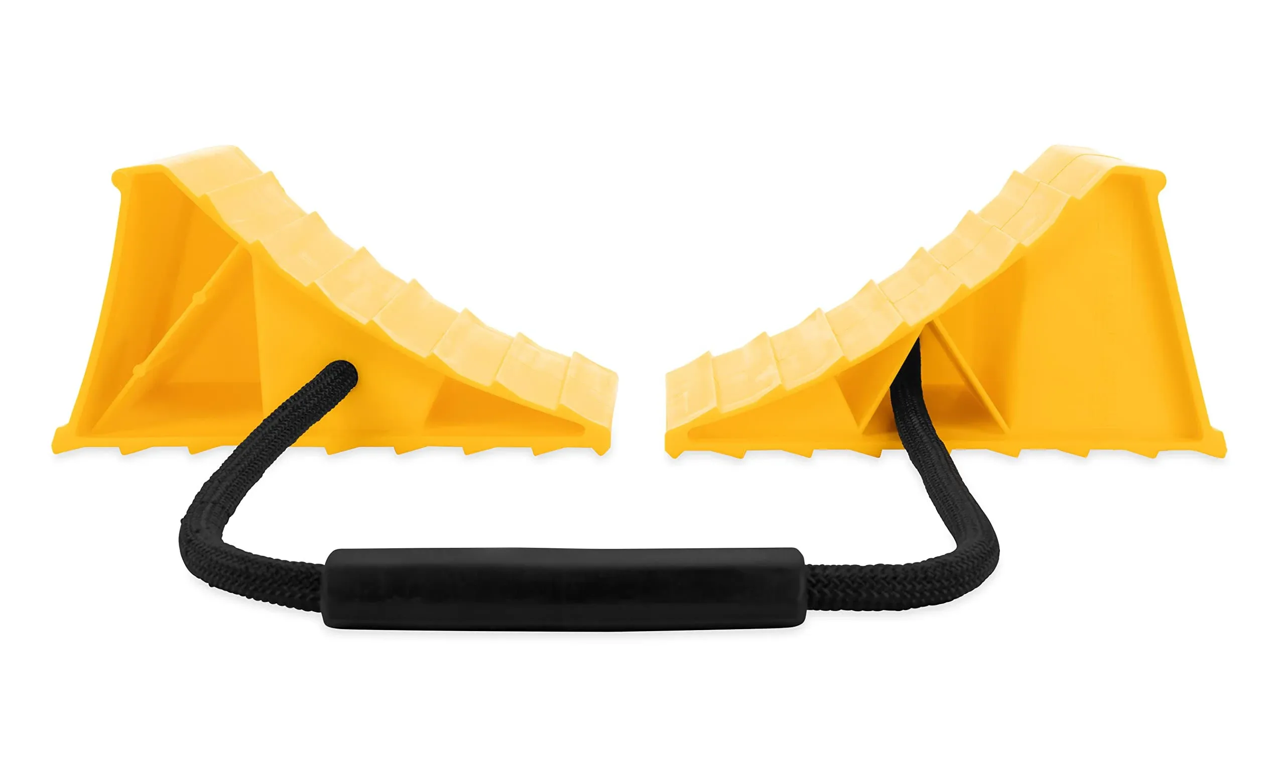 Camco RV Double Wheel Chock with Rope - Keep Your Trailer in-Place While Parked - Fits Tires up to 26-inches in Diameter - Yellow (44470)