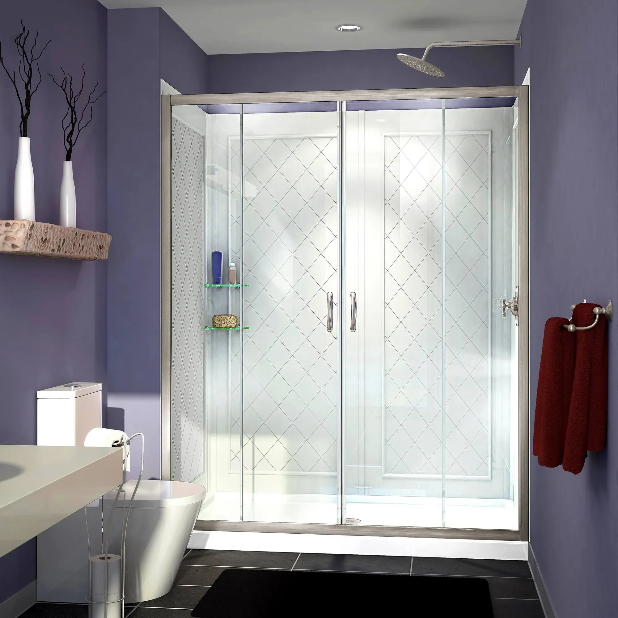 Visions 36x60x76 3/4 Sliding Shower Door Brushed Nickel/CD White Base, Backwalls