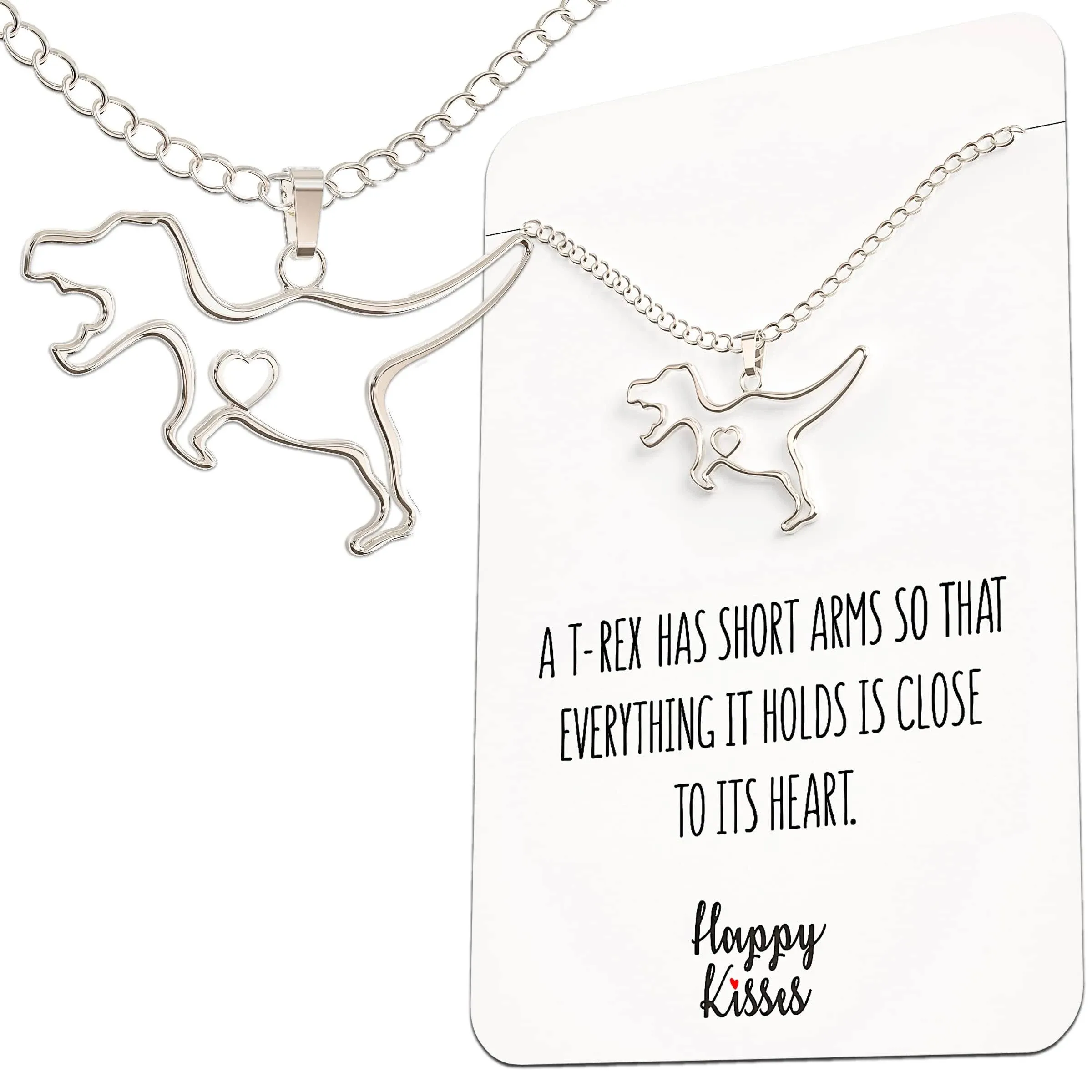 Dinosaur T-Rex Necklace with Gift Box  - Cute Pendant with Sweet and Funny Message Card - Silver Plated - Tyrannosaurus Rex