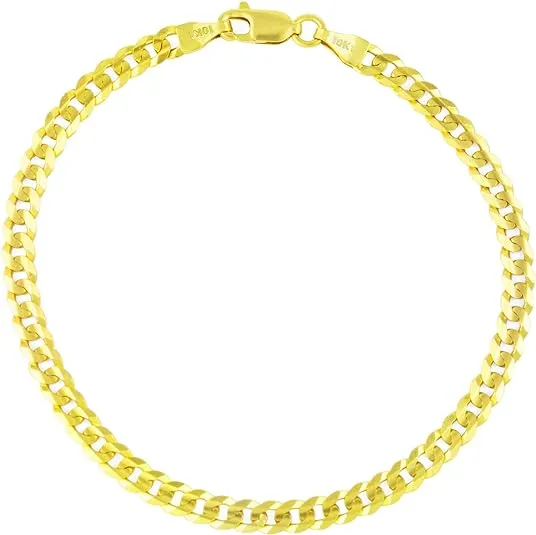 Nuragold 10k Yellow Gold 4mm Solid Cuban Curb Link Chain Bracelet, Mens Womens Jewelry 7" 7.5" 8" 8.5" 9"