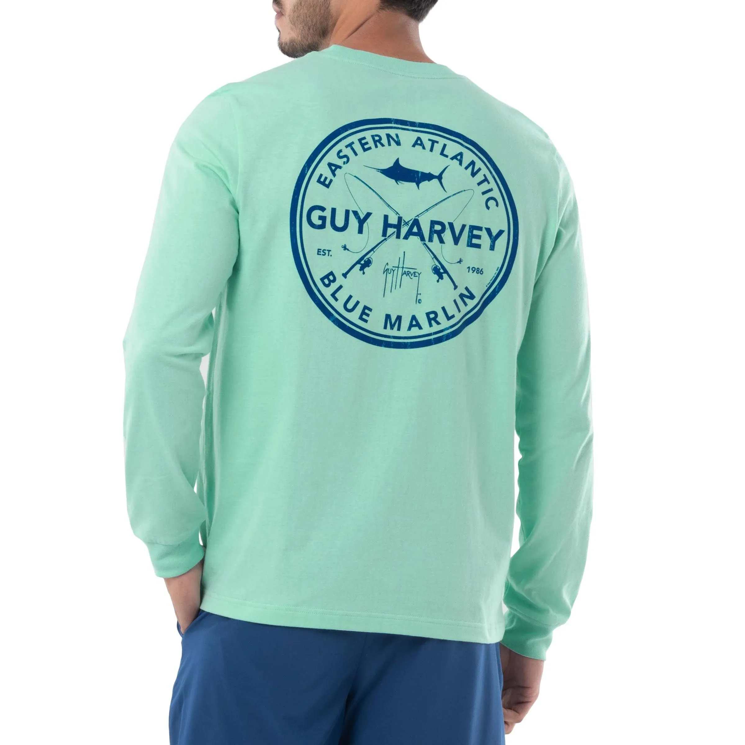 Guy Harvey Men's ea Blue Marlin Long Sleeve T-Shirt, Medium, Cotton