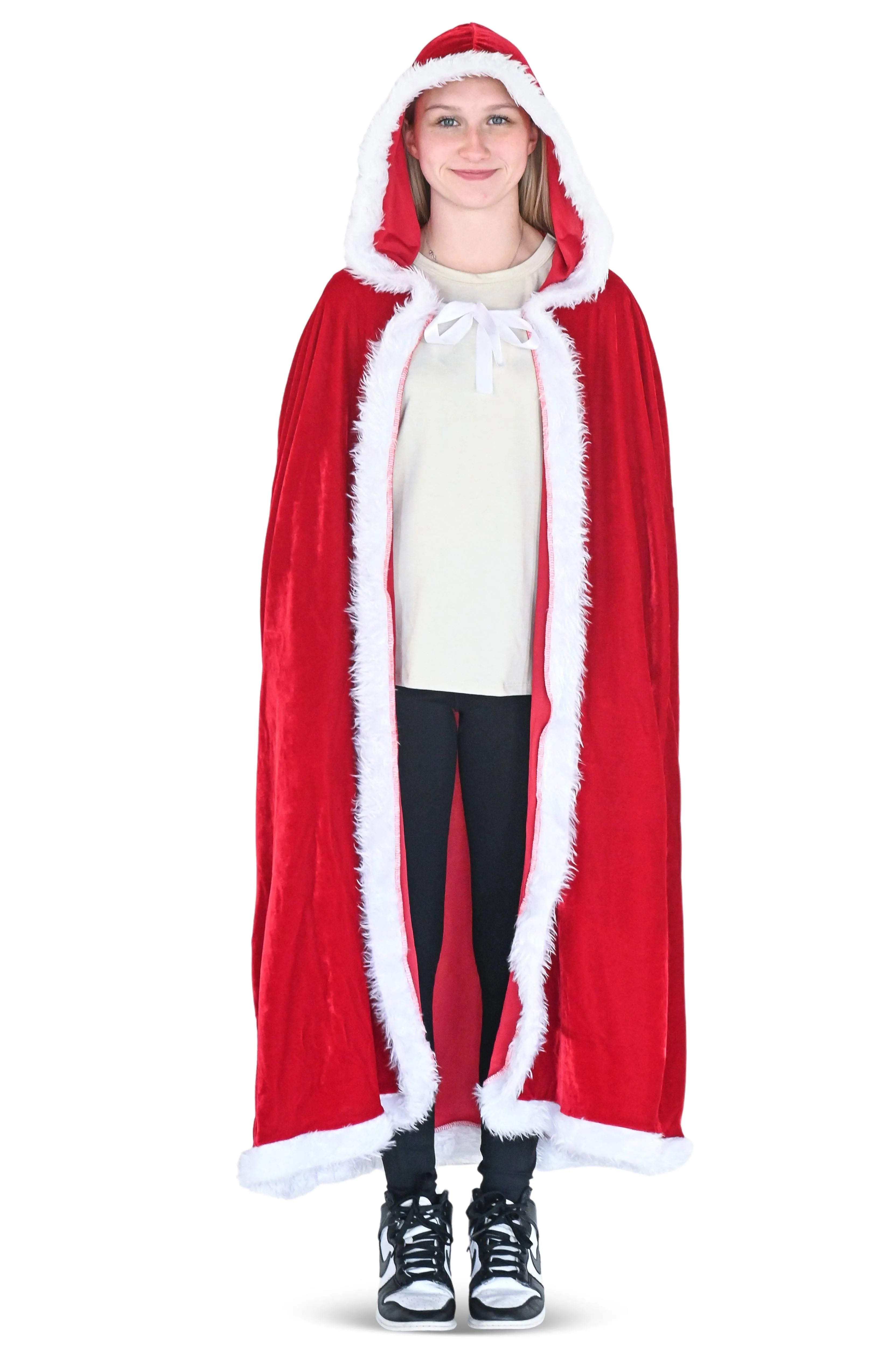 Skeleteen Red Velvet Santa Cape - Long Red Velour Hooded Cloak with White Fur Trimming