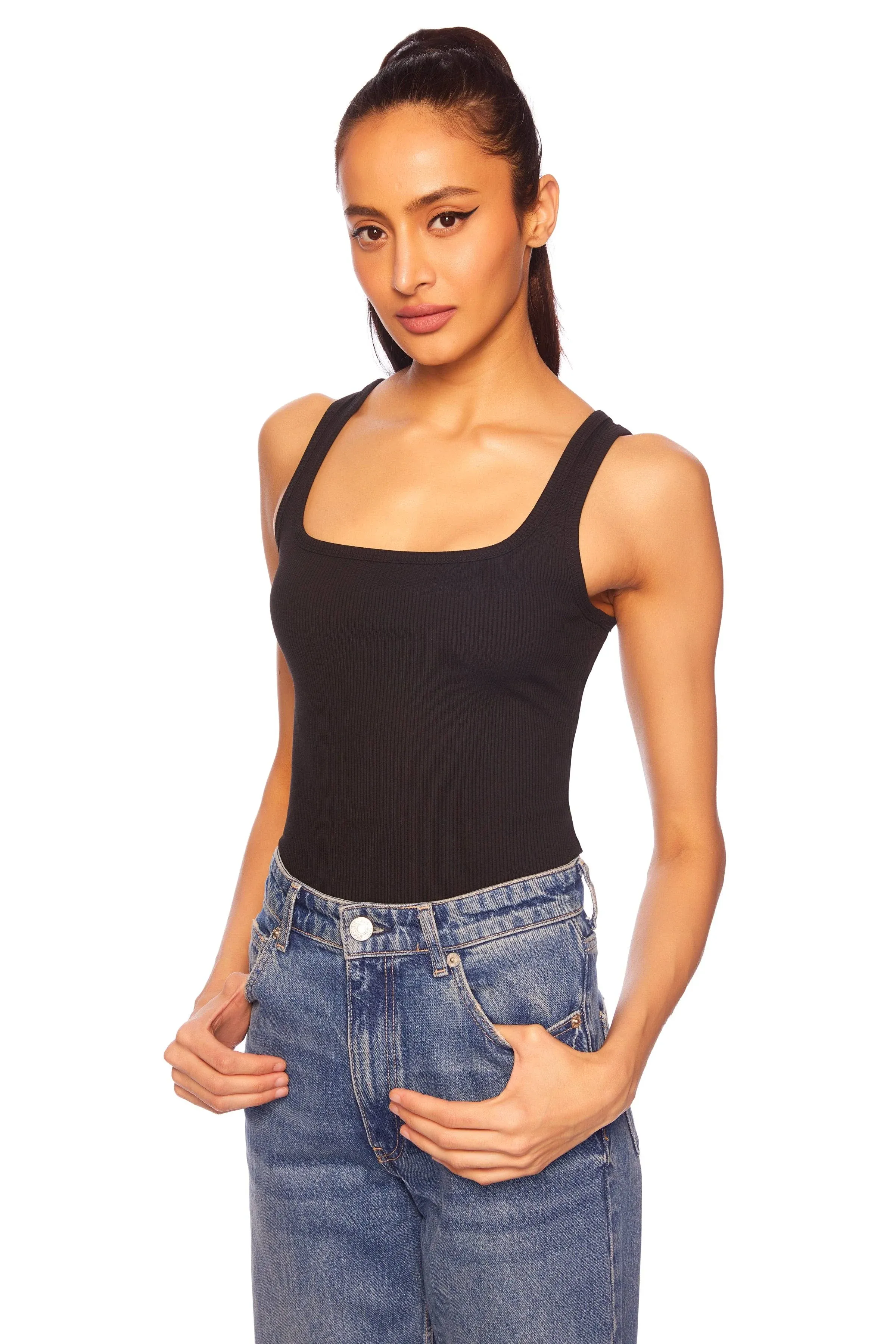 Ribbed Square Neck Tank In Black