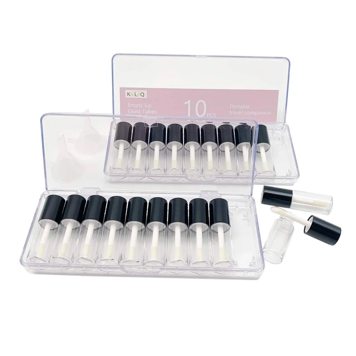 Empty lip gloss tubes with wand,3.5ml black cap mini refillable lip gloss containers,DIY lip gloss making kit,With 2PCS box&2PCS Funnel & 20PCSRubber Stoppers (20PCS in two boxes)