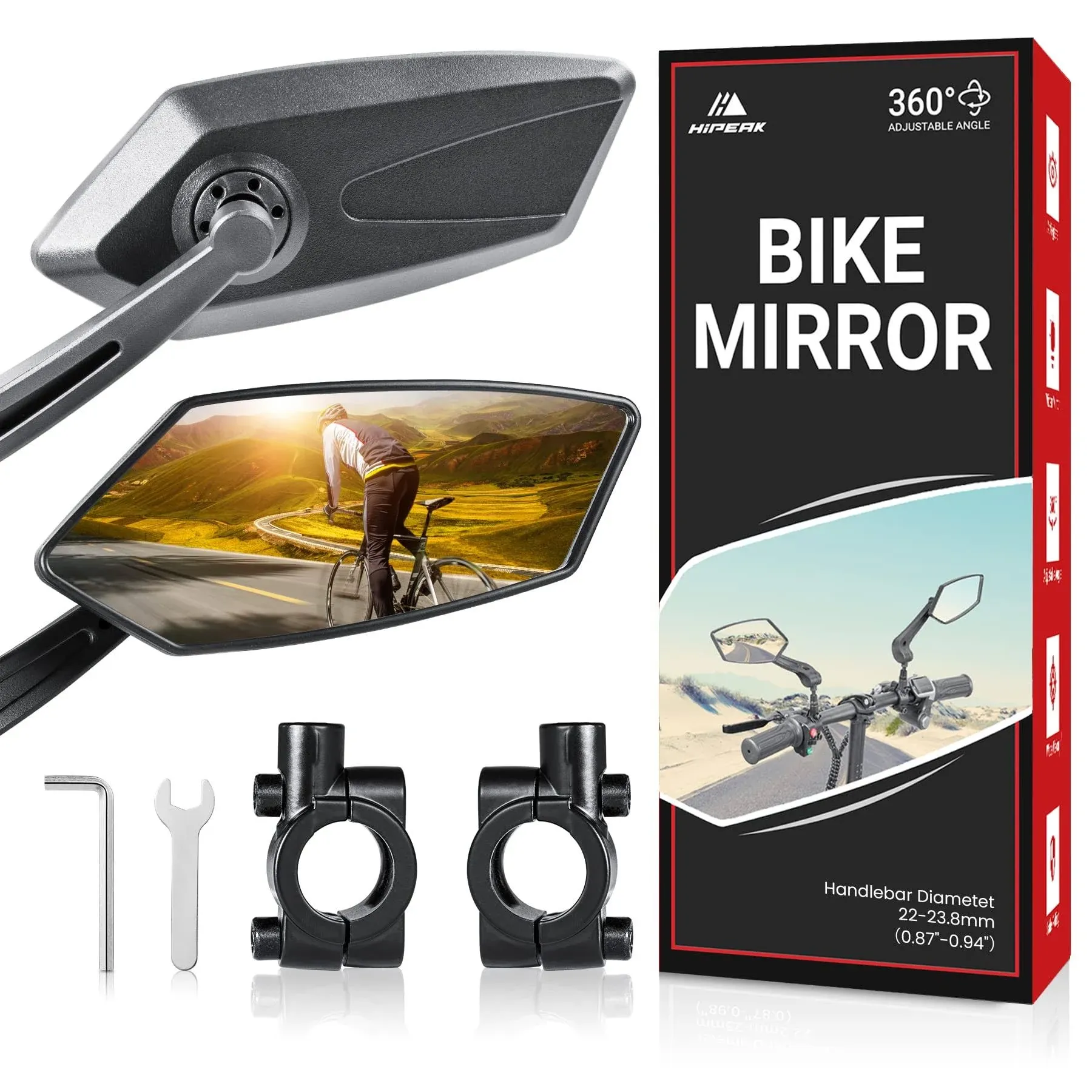 Hipeak Bike Mirror Handlebar Rearview Mirror 1 Pair Rear View 360 Wide Angle ...