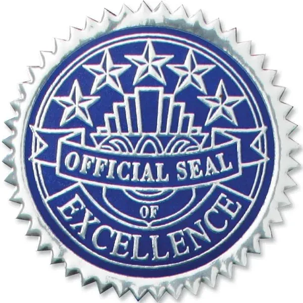 Deluxe Embossed Excellence Silver and Blue Foil Certificate Seals, 2 Inch, Se...