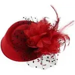 Vintage Fascinators Hats 50s Flower Feather Dress Hat Tea Party Cocktail Veil Pillbox Headwear with Clips for Women (Red)