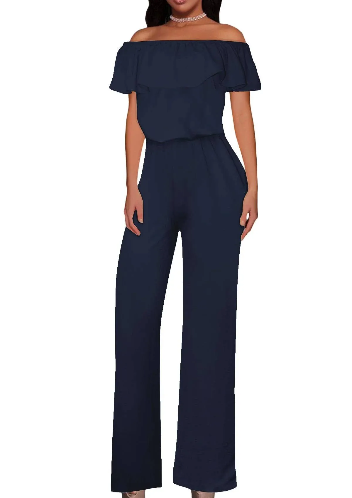 Hybrid & Company Women High Waist Wide Leg Pants Jumpsuit, Navy, Size Medium