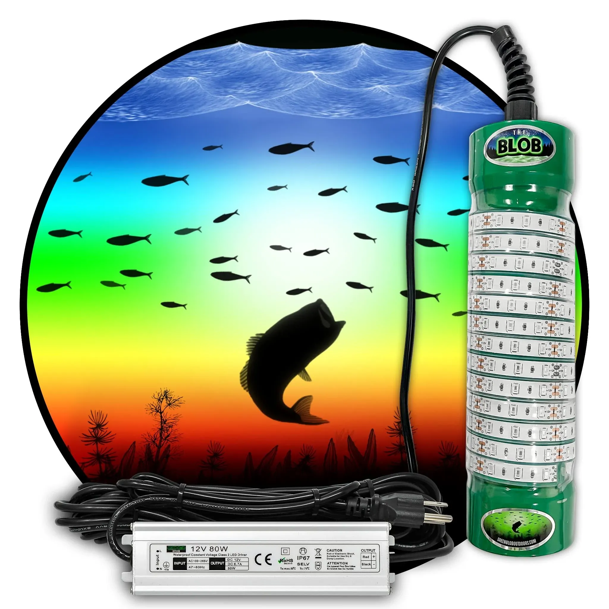 Green Blob Outdoors Multi-Color Fishing and Pool Light (Includes Red, Green, Blue, Yellow, White, Orange, Purple & More) Underwater, with 30ft Cord, LED, Fish Attractor, (7,500 Multi-Color)