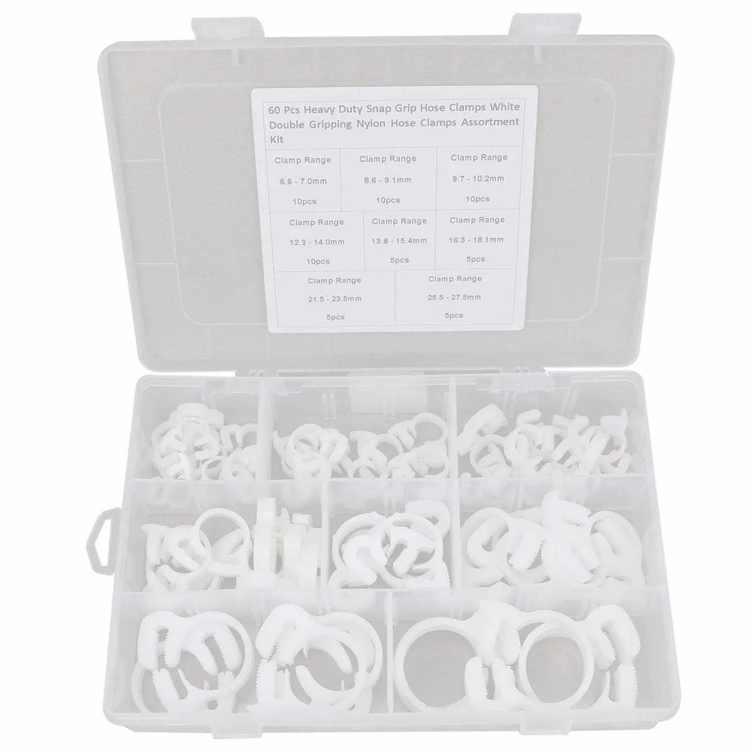 Zovfam 60 Pcs Heavy Duty Snap Grip Hose Clamps 8 Kinds White Double Gripping Nyl