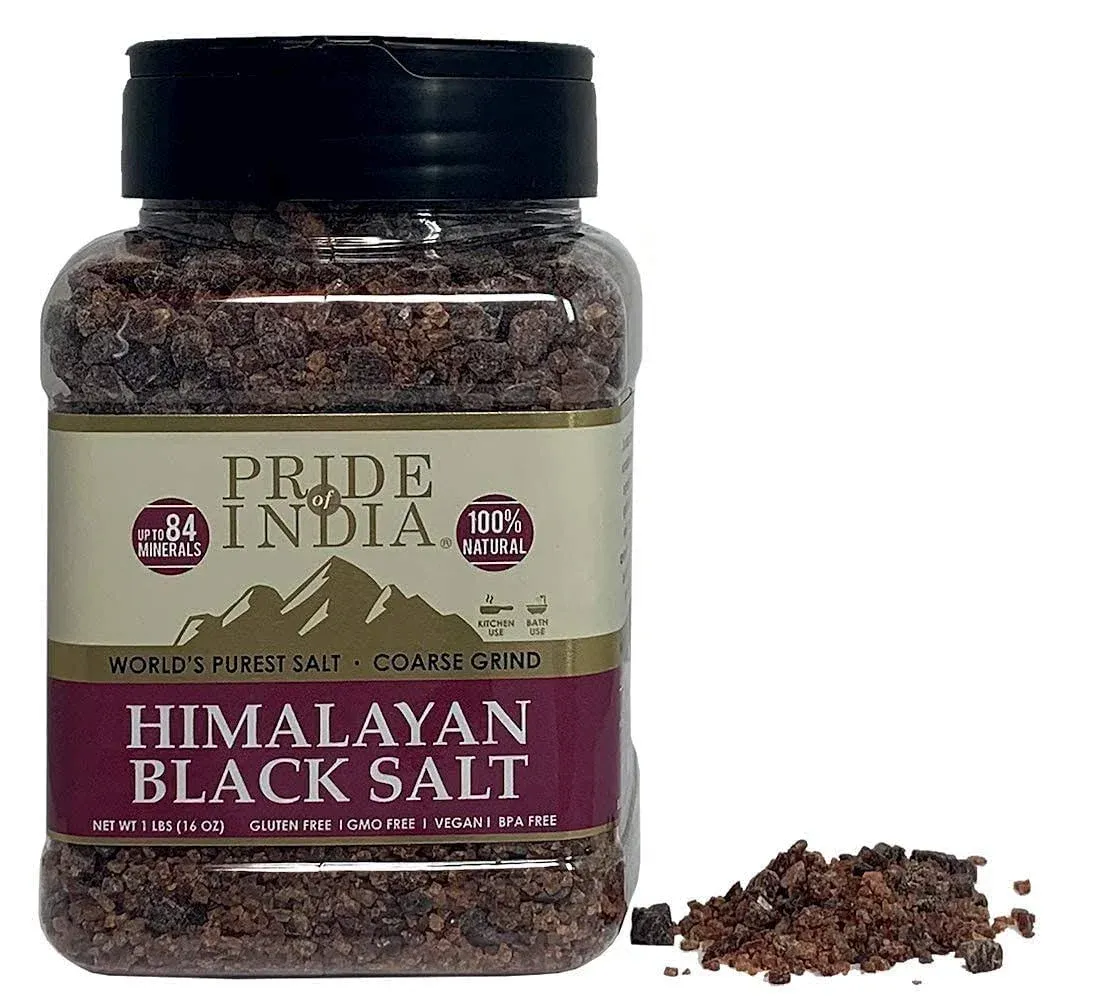 Pride Of India - Himalayan Black Salt - Coarse Grind, 1 Pound (16oz) Jar - Kala Namak - Contains 84+ Minerals - Use in grinders, restaurants & cooking - Perfect for Faux Egg Recipes & Vegan Scramble