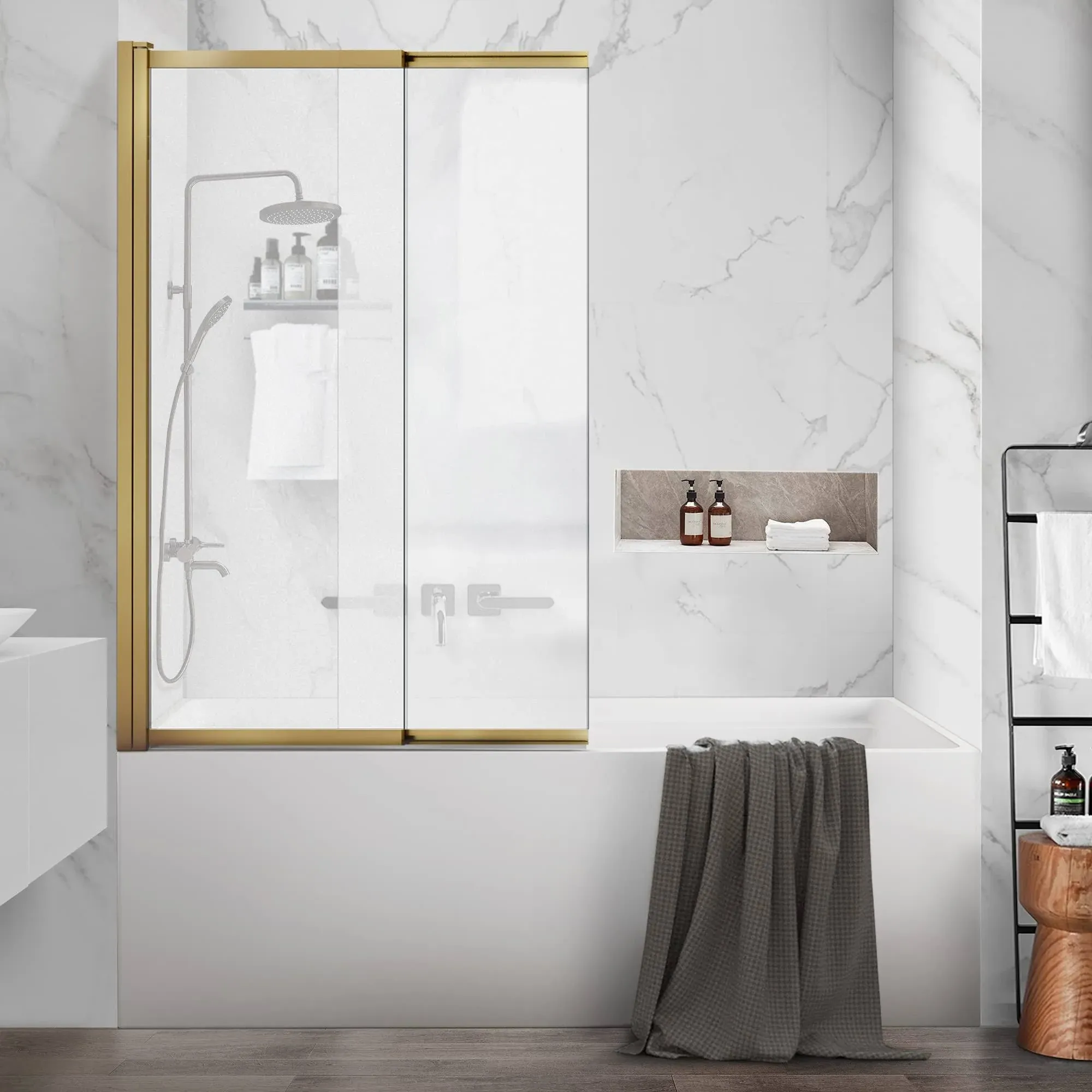 Frameless Tub Shower Door, Clear Tempered Glass Bathroom Shower Door 30" W*55" H, Hinged Foldable Bathtub Screen with Brushed Gold Wall Profile Support