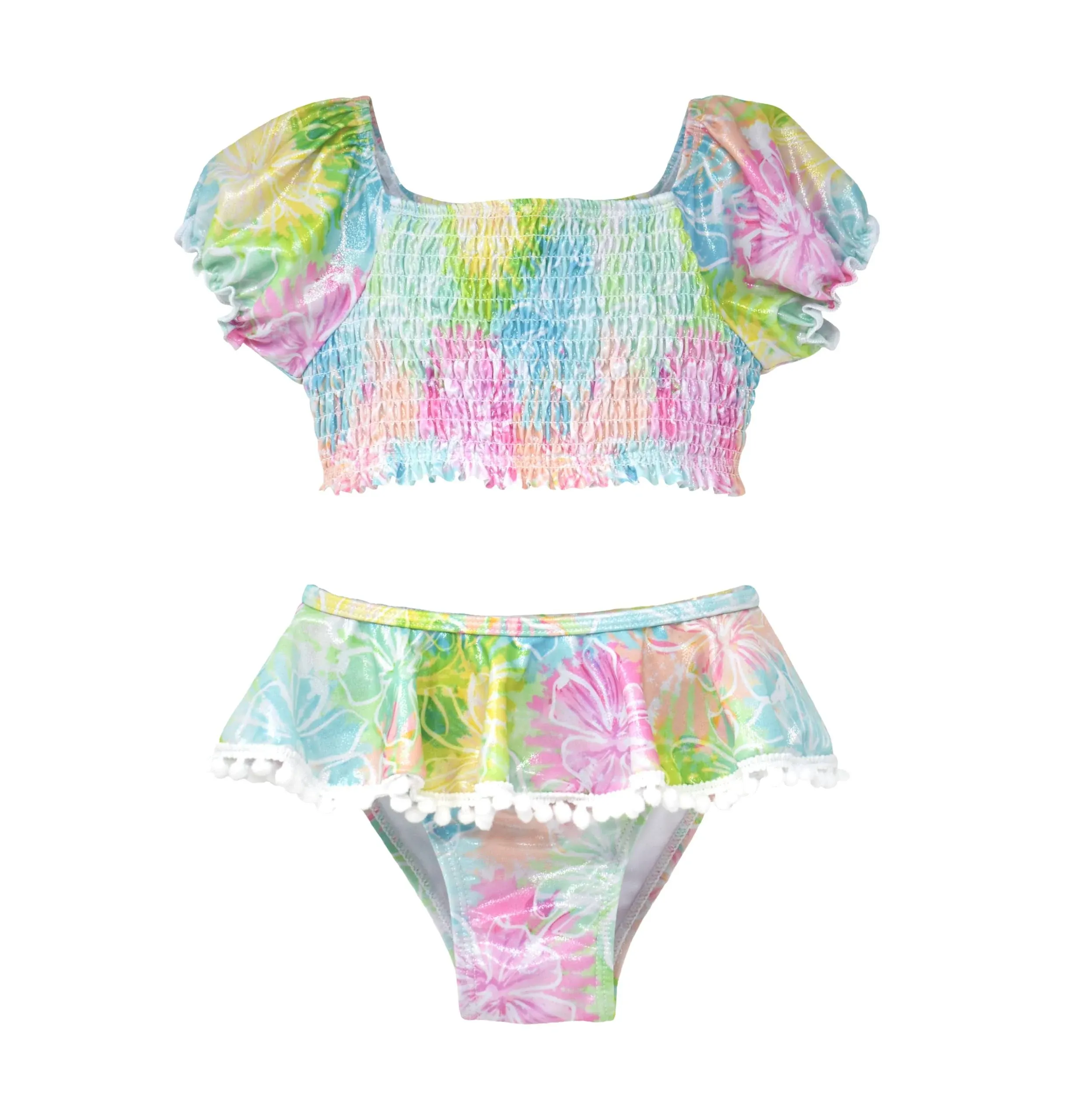 Flap Happy Baby Girl's UPF 50+ Gemma Two Piece Smocked Pom Swimsuit