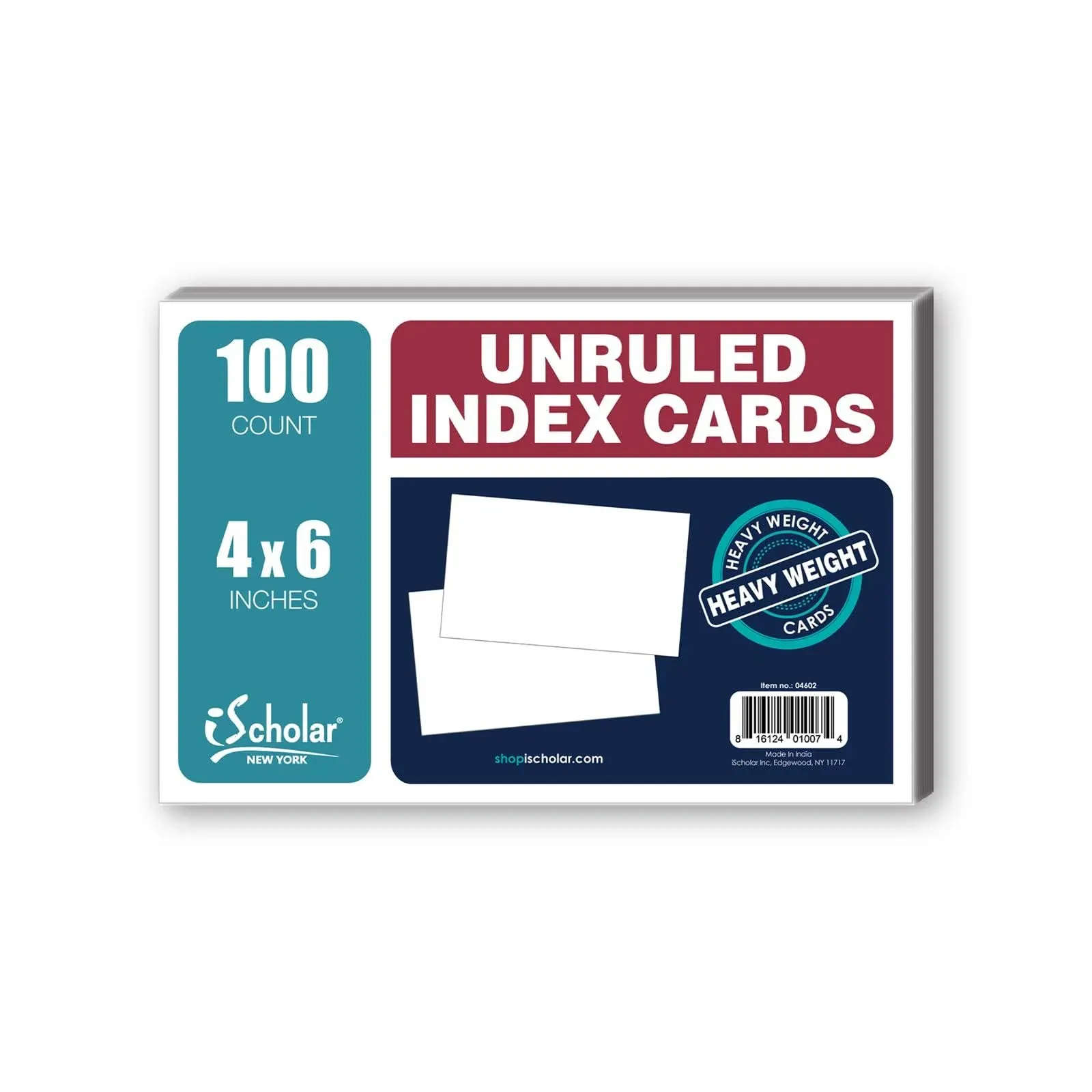 iScholar Index Cards, White, Unruled, 4 x 6 Inches, 100 Card Pack (04602)