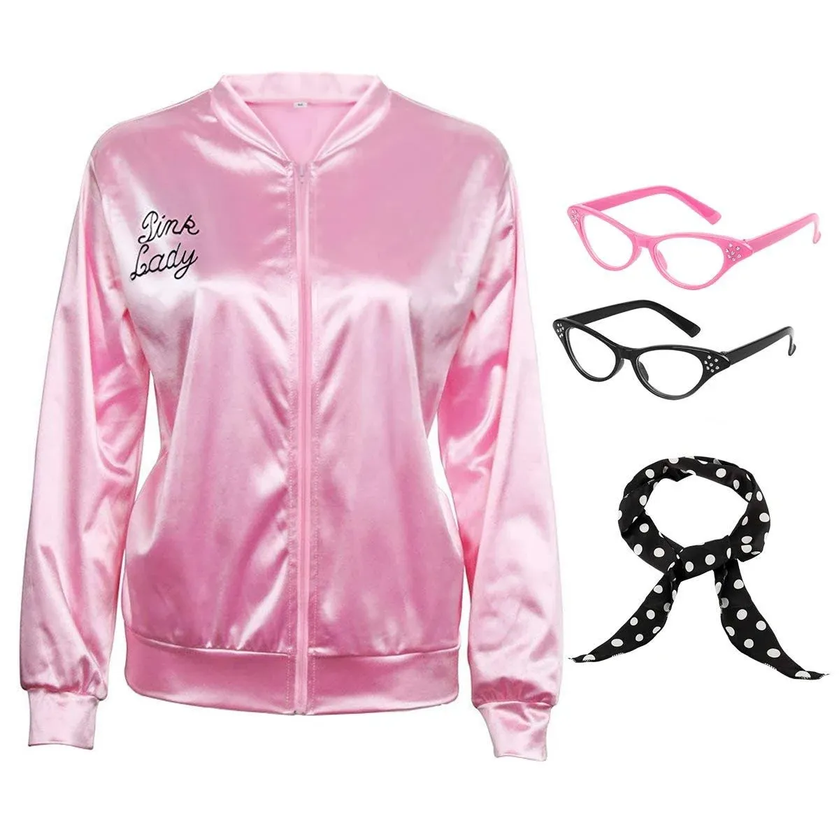 50S Pink Satin Costume Jacket with Polka Dot Scarf Cat Eye Glasses Women Girls